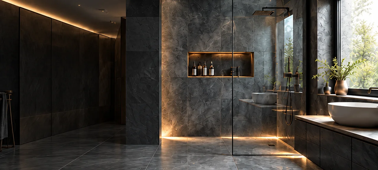 Illustrative dark tiled bathroom with glass shower, illuminated niche and basin beside a bright window